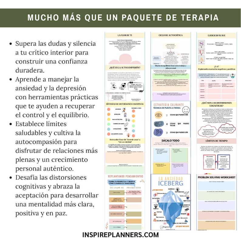 May include: A collection of printable therapy worksheets in Spanish, with titles like "The Flower of You," "Self-Criticism Cycle," and "Anxiety Iceberg." The worksheets offer tools for self-compassion, managing anxiety, and cognitive restructuring. The website inspireplanners.com is visible.