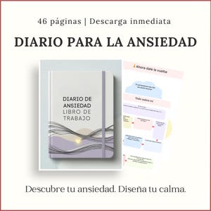 May include: A 46-page digital anxiety journal and workbook featuring a light purple cover with black wavy lines and a small yellow heart. The interior pages include prompts like Todo sobre mí, with pastel-colored boxes for writing personal reflections.