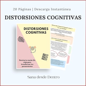 以下が含まれることがあります： ピンクと黄色の表紙に「DISTORSIONES COGNITIVAS」と書かれたデジタルダウンロード。表紙にはタイトル、抽象的なグラフィック、そして「Domina tu mente: Un viaje para transformar tus pensamientos」というフレーズが書かれています。追加のページが表示されています。