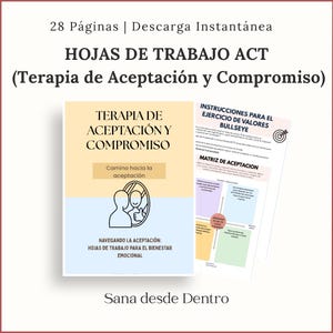 Może przedstawiać: Cyfrowe pobranie zeszytu ćwiczeń zatytułowanego "HOJAS DE TRABAJO ACT (Terapia de Aceptación y Compromiso)". Okładka ma jasnoniebieski i żółty design z tekstem i ilustracją. Zeszyt zawiera instrukcje i matrycę.