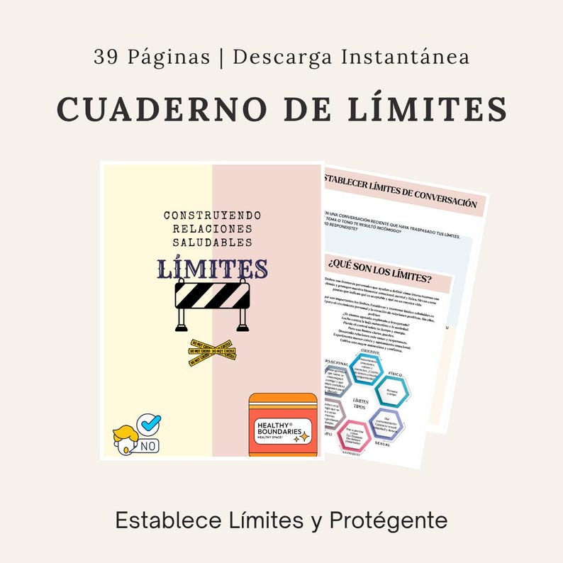 May include: A digital download titled "CUADERNO DE L&Iacute;MITES" with the text "Establece L&iacute;mites y Prot&eacute;gente." The cover features a road barrier graphic and the words "CONSTRUYENDO RELACIONES SALUDABLES L&Iacute;MITES."
