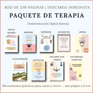 May include: A graphic showcasing a digital therapy package with various resources. The image displays book covers with titles such as "Anxiety," "Depression," and "Self-Esteem." The text at the top reads "More than 250 pages | Instant Download" and "Therapy Package."