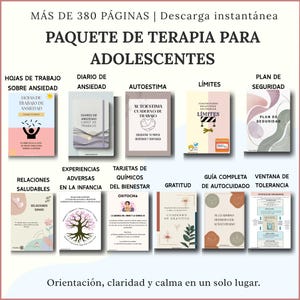 Op de afbeelding: Een digitaal therapiepakket voor adolescenten met meer dan 380 pagina's aan werkbladen, dagboeken en gidsen. Titels zijn onder meer Angstwerkbladen, Angst-dagboek, Zelfvertrouwen, Grenzen, Veiligheidsplan en Dankbaarheid.