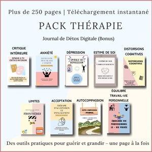 Puede incluir: Una colección de diarios de terapia digital con títulos en francés y español, que cubren temas como la ansiedad, la depresión y la autoestima. La imagen tiene un fondo rosa claro con texto en francés y español.