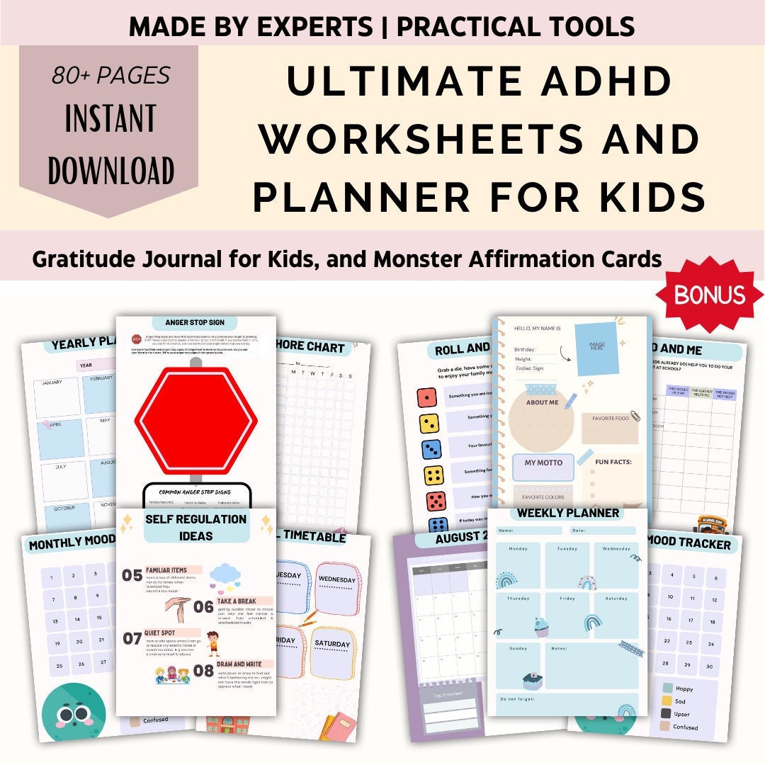 ADHD Planner for Kids 2024: Mental Health Workbook, CBT Worksheets, Health Tracker, Kids Organizer, ADHD Planner child