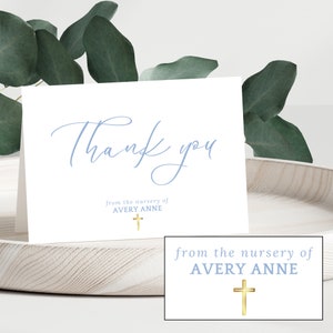 Imprimible personalizado de la guardería de la tarjeta de agradecimiento, tarjeta de agradecimiento personalizada del baby shower, papelería, bautismo, bautizo, cruz abierta