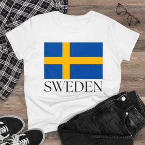 Sweden Flag Women&#39;s Tee Shirt, Scandinavian Pride Graphic T-Shirt, Nordic Gift for Her, Stockholm Souvenir Top, Swedish Flag Apparel