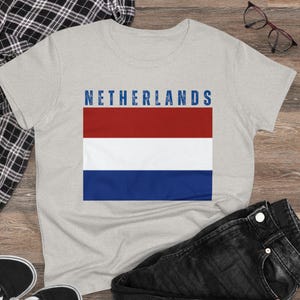 Netherlands Flag Tee Shirt, Patriotic Women&#39;s T-Shirt, Dutch Midweight Cotton Top for Her, Holland Pride Ladies Shirt, Orange National Flag