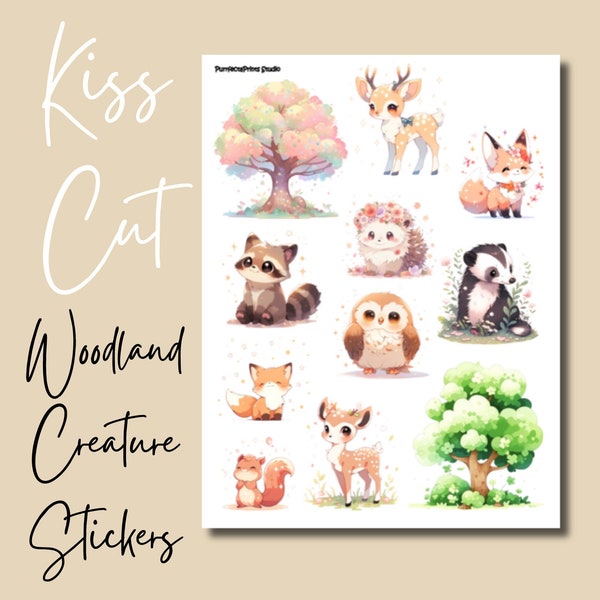 Kiss Cut, Woodland Creatures, Planner Stickers, Journaling Stickers, Gift for Kids, Gift for Women, Pastel Kawaii, Adorable Animals, Glossy