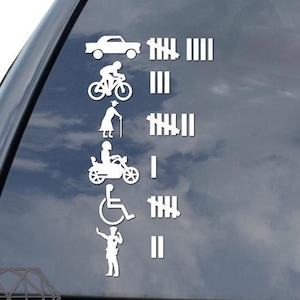 May include: A white vinyl sticker with a series of icons depicting different modes of transportation, each with a tally mark next to it. The icons include a car, a bicycle, a person walking with a cane, a motorcycle, a wheelchair, and a person in a police uniform. The tally marks indicate the number of times each mode of transportation has been used.