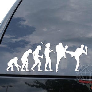 May include: White vinyl car decal depicting the evolution of a martial artist, from ape-like figure to a person performing a kick. The decal is applied to the rear window of a black vehicle.