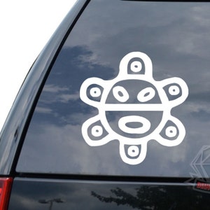 May include: White vinyl sticker of the  "Sol de Borinquen" symbol, a stylized sun with a face, representing Puerto Rico.