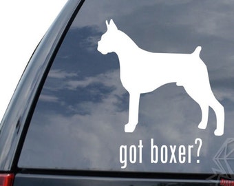 May include: White silhouette of a boxer dog on a blue car window with the text "got boxer?" below.