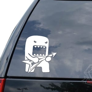 May include: White vinyl sticker of a cartoon monster playing an electric guitar. The monster has a large mouth with sharp teeth and is wearing a simple, rounded body.