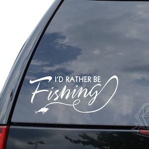 I&#39;d Rather Be Fishing Line Fish Hook Sticker Decal For Car Truck Motorcycle Window Bumper Helmet Bottle Mug Laptop Wall Home Office Decor