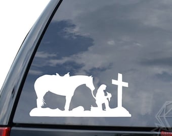 Cowgirl Horse Praying Knees Cross Christian Christ Sticker Decal For Car Truck Motorcycle Window Bumper Helmet Laptop Wall Home Decor
