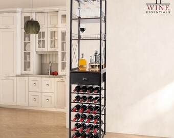 Wine Rack Freestanding Floor, Bar Cabinet For Liquor and Glasses, 9-Tier bar cabinet with Tabletop, Glass holder, Wine Storage for Home