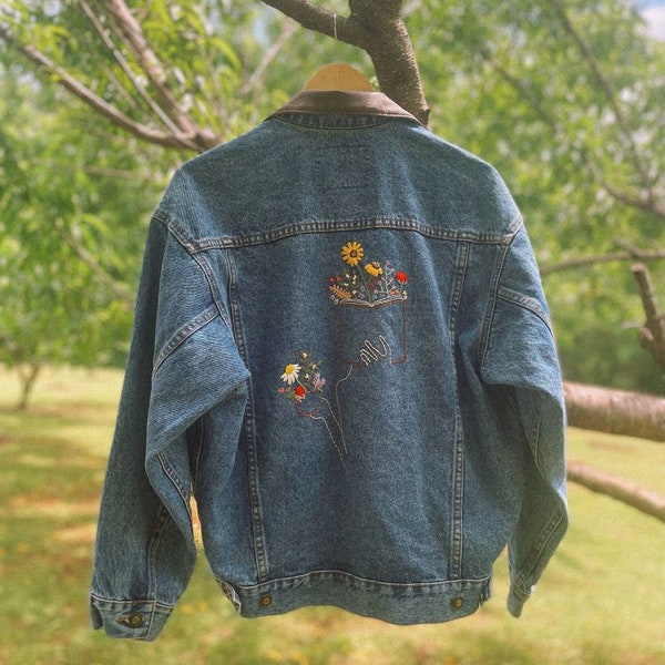 Hand-Embroidered Coffee and Book Lover Denim Jacket Size Small