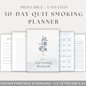 May include: A printable 30-Day Quit Smoking Planner with a floral design. The workbook includes pages for daily planning, self-care ideas, and reflection. The cover features a watercolor illustration of blue flowers. The planner is available in U.S. Letter size and A4.