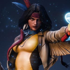 Peut inclure: Illustration numérique d'une femme aux cheveux noirs, vêtue d'un justaucorps jaune, d'une veste beige et d'un bandeau rouge. Elle a une plume dans les cheveux et tient un objet bleu brillant. L'arrière-plan est sombre avec des lumières scintillantes.