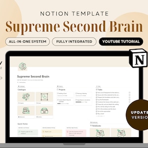 May include: A screenshot of a Notion template called "Supreme Second Brain" featuring a green brain icon. The template is organised into sections for "Catalogue", "Projects", "Tasks", and "Notebooks". The template is designed to help users organise their thoughts and ideas.