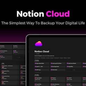 Könnte beinhalten: Ein Screenshot einer Website namens Notion Cloud, die als "Der einfachste Weg, Ihr digitales Leben zu sichern" beschrieben wird. Die Website zeigt ein lila Wolken-Symbol und eine Liste verschiedener Apps und Dienste, die gesichert werden können, darunter Google Drive, Notion und Apollo.