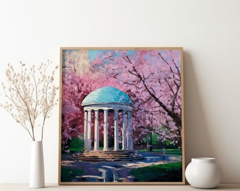 May include: A painting of a white gazebo with a blue roof surrounded by pink cherry blossoms. The gazebo has six columns and a set of stairs leading up to it. There are people walking in the background.