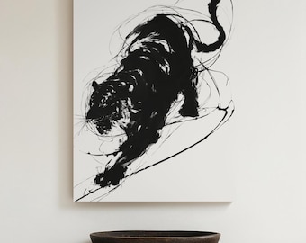 Tiger Canvas Painting : Minimalist Black Brushstroke Animal Wall Art, Abstract Jungle Decor, Japanese Ink Style Tiger Print