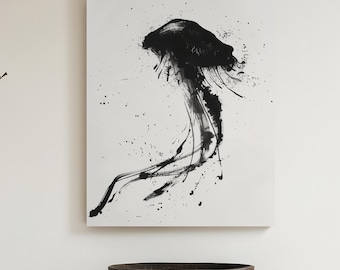Japanese style ink art print, Jellyfish Ink Print, Wall Decor, Ink Painting Wall Art, Premium Matte Art Print Poster, Canvas Art Print