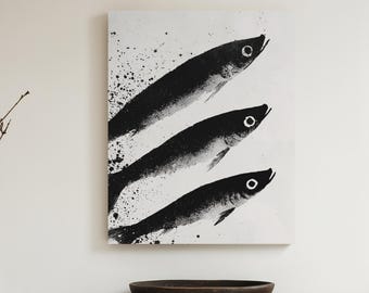 Impresión artística de sardinas, impresión artística en tinta japonesa, decoración de pared, pintura en tinta, arte mural, pintura de sardinas, decoración de pared, arte mural acuático, impresión artística de pared con peces