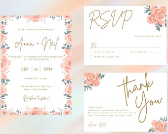 Plantilla de invitación de boda rosa rosa, invitación de boda imprimible, tarjeta de agradecimiento y confirmación de asistencia de boda, editar con Canva, descarga instantánea