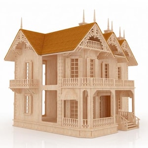 Op de afbeelding: Een gedetailleerd houten poppenhuis met een oranje dak en ingewikkelde architectonische details. Het poppenhuis heeft meerdere verdiepingen, balkons en decoratieve afwerkingen, die een klassiek ontwerp laten zien. De natuurlijke houtkleur zorgt voor een warme, uitnodigende uitstraling.