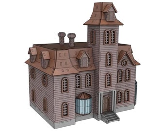 May include: A brown wooden model of a Victorian-style house with a tower, dormer windows, and a front porch. The house has a detailed exterior with multiple windows and a front door.