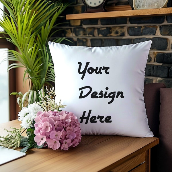 Throw Pillow Mockup Smart Object Couch Cushion against Brick Wall Mock Up PSD Pillow Mockup Photoshop Square Pillow Mockup Sofa Pillow