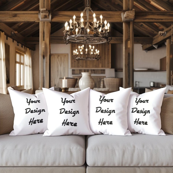 Throw Pillows Set of 4 Mockup Smart Object Couch Pillow Multiples Mockup PSD Cushion Set Mock Up Photoshop Sofa Pillow Set Modern Farmhouse