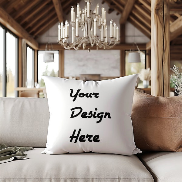 Throw Pillow Mockup PSD Smart Object Farmhouse Couch Cushion Mock Up PSD Mockup Decorative Pillow Mockup Photoshop Neutral Brown Sofa