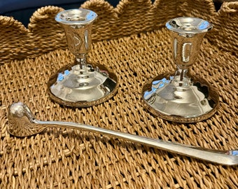 Pair of vintage silver plated candlesticks with snuffer