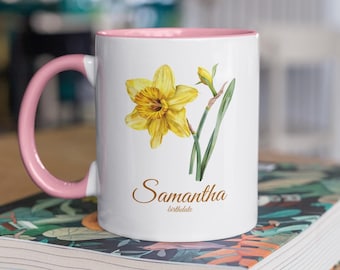 Personalized Birth Flower Mug: Handpainted Floral Coffee Cup, Custom Name