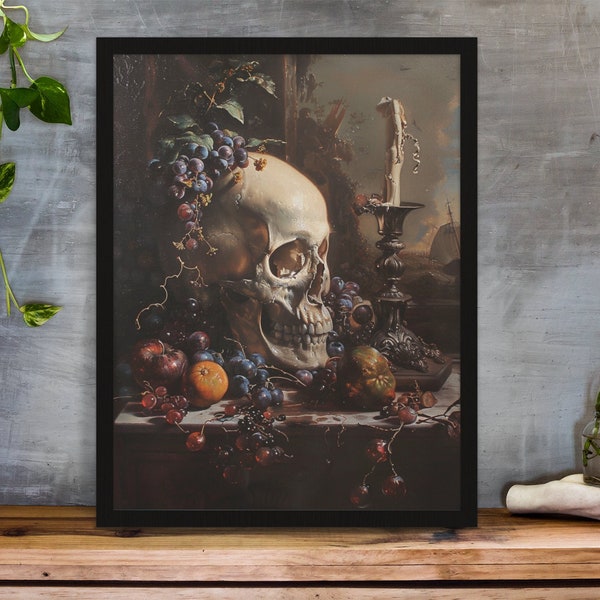 Vanitas Digital Art - Memento Mori Skull and Grapes - Home Decor Wall Art - Thoughtful Housewarming Gift