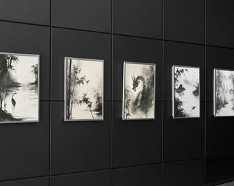 Aziatische landschapskunstprints met inktwas: minimalistische bamboe-rivierset (digitale download)