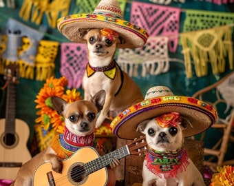 Chihuahua Wall Art - Set of 5 Serape Dogs Playing Instruments, Chihuahua Art, Art Under 11 Dollars