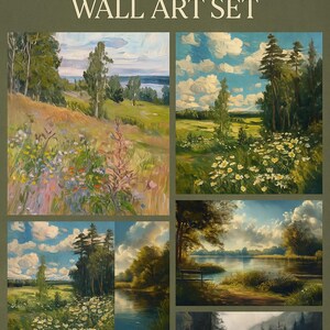 Acrylschilderij set meer en bloemen, vintage natuurkunst aan de muur, prints boerderij cottagecore, galerijmuur, instant download, 5-delig