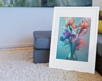 Lebendige florale Leinwand Druck, abstrakte orange lila blaue Blumen mit Rauch, künstlerische Wanddekoration, einzigartiges Housewarming Geschenk