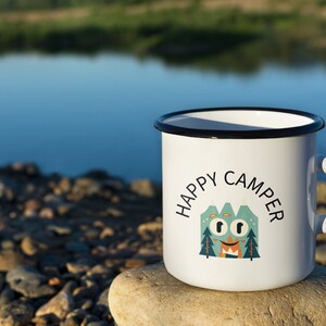 Happy Camper 12 oz Mug - Rustic Camper Mug with Whimsical Face & Camp Elements, Ideal for Outdoor Enthusiasts