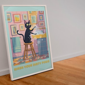 Wash Your Dirty Paws Cat Wall Poster - Whimsical Bathroom Wall Art for Kids, Pet Homes & Cat Lovers, Free Shipping