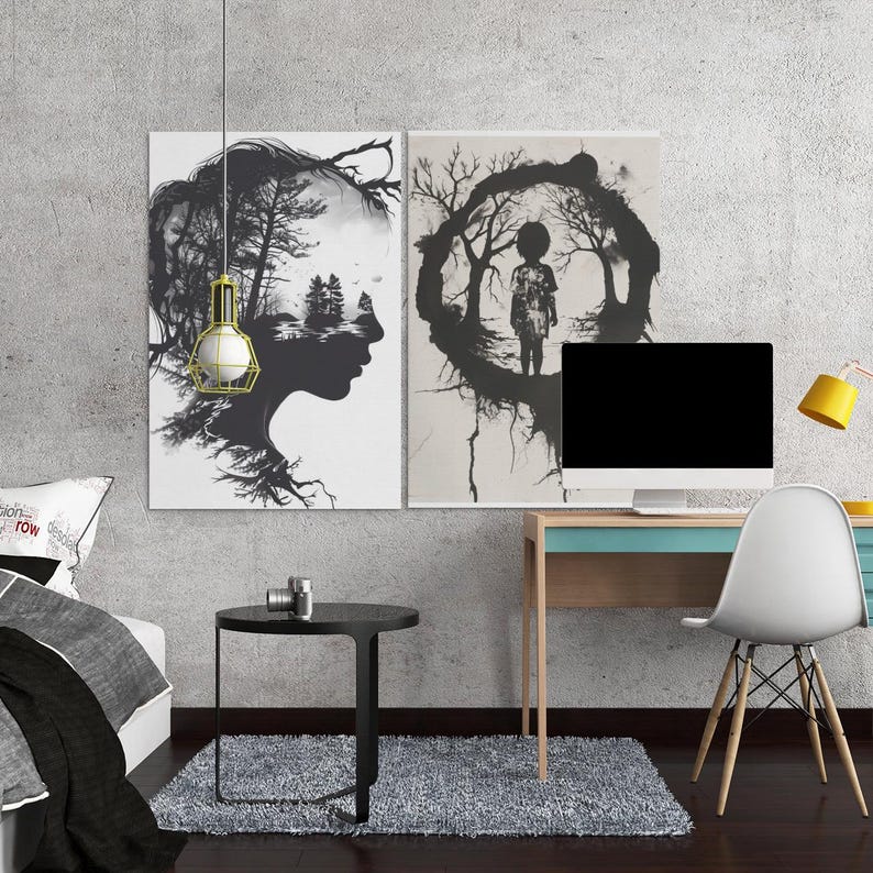 Impresiones artísticas de siluetas inspiradas en traumas: Decoración emocional en blanco y negro (Descarga digital) imagen 4