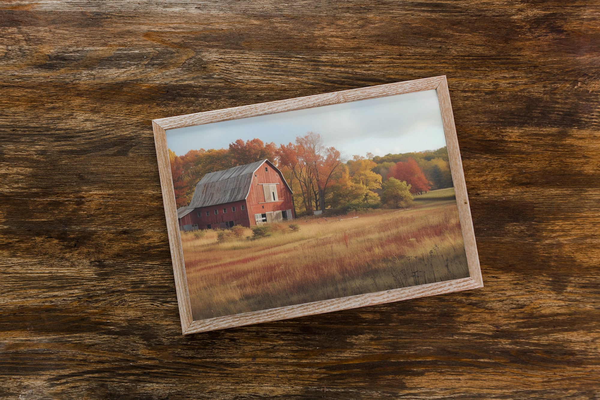 Printable Rustic Autumn Barn Art Weathered Red Farmhouse Among Fall ...