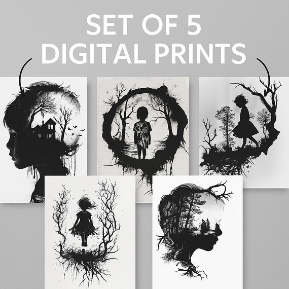 Trauma-Inspired Silhouette Art Prints: Black & White Emotional Decor (Digital Download)