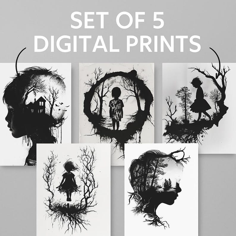 Impresiones artísticas de siluetas inspiradas en traumas: Decoración emocional en blanco y negro (Descarga digital) imagen 1