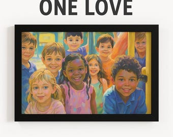 "Multikulturelles Kinderbild ""One Love"" Eingerahmt Klassenzimmer Dekor."